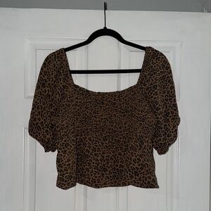 AE Leopard Smocked Puff Sleeve Babydoll Top